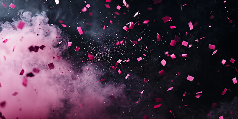 pink confetti swirl with smoky gradient and glowing festive lights on a black background