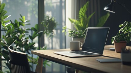 Fototapeta premium Minimalist Home Office with Laptop and Potted Plants by Window