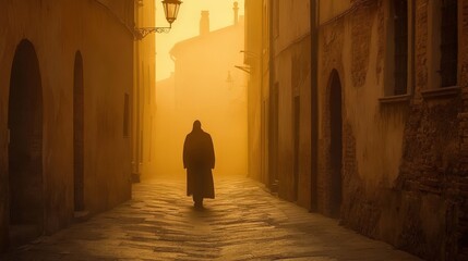 A solitary figure walks through a foggy alley, enveloped in warm golden light.