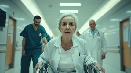 Fototapeta premium An elderly woman in a wheelchair surrounded by medical professionals in a hospital setting.