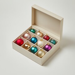 Colorful ornaments neatly arranged in a gift box for festive decorations.