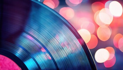 Vibrant Close-Up of Spinning Vinyl Record with Colorful Bokeh Lights for Retro Music Nostalgia, Vintage Vibe Concepts, and Party Themed Backgrounds