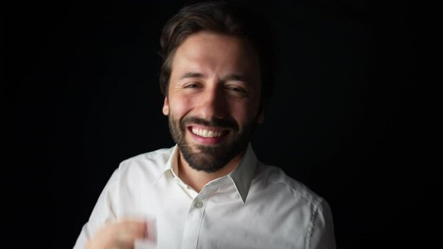 Person wearing a shirt with a gentle smile against a black background.