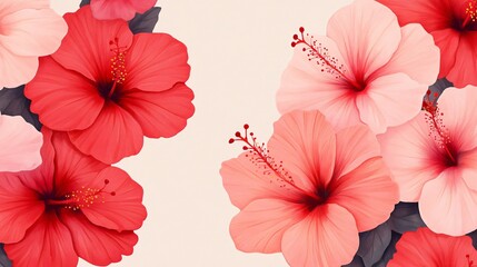 Obraz premium Watercolor hibiscus flowers in soft pastel tones, minimal details, arranged on a light gray background, seamless design.