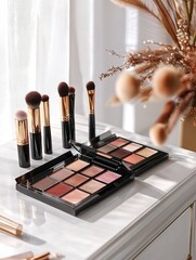 Premium Makeup Brush Set Displayed on Vanity Mirror Surface