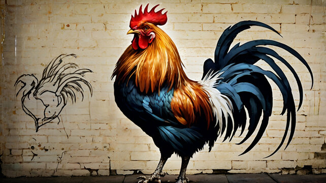 Rooster with old painting wall