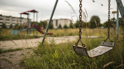 Nostalgic View of an Abandoned Playground Swing Seat Surrounded by Overgrown Grass, Capturing the Essence of Childhood Memories and Nature's Reclamation in Documentary Style