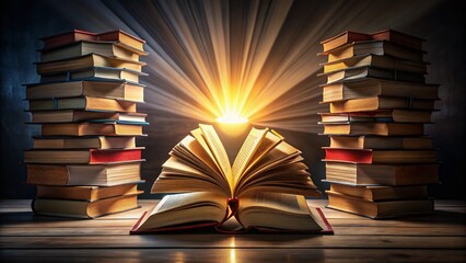 Open Book Glowing on Dark Surface Surrounded by Closed Books - A Symbol of Knowledge and Discovery for Posters, Banners, and Websites Celebrating Stuff Your Kindle Day