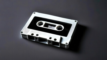 Fototapeta premium A white and black cassette tape is laying on a dark surface