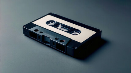 Fototapeta premium A black and white cassette tape is laying on a grey surface