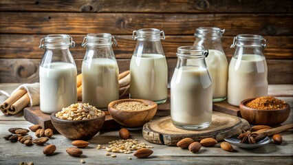 A selection of alternative milks, such as oat, almond, and coconut, in clear glass bottles, set on a rustic wooden countertop with small bowls of each ingredient