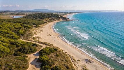 Panoramic Aerial View of Platamona Shore, Italy - Captivating Small Waves Lapping at the Sandy Beach, Perfect for Travel and Nature Photography Enthusiasts