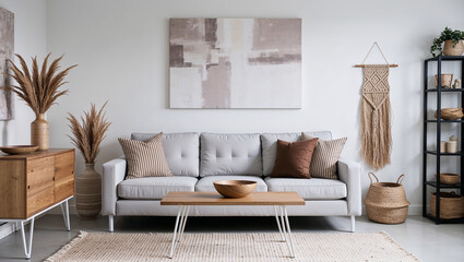 Elegant living room design featuring neutral tones and plants.
