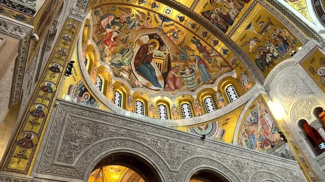 Belgrade, Serbia, 19162024: Mosaic decorations inside Saint Sava Church in Belgrade, Serbia. High quality 4k footage