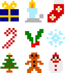 Set of Christmas pixel art minimal vector image or clipart for decoration or designs