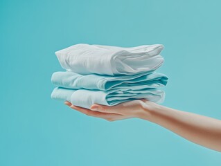 Woman showcasing fresh laundry service with a stack of clothes on a soft blue background