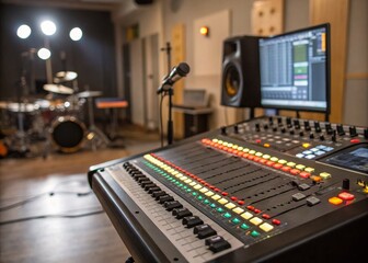 Professional Audio Mixing Console with Colorful Illuminated Buttons and Sliders for Music Production and Live Performances, Showcasing a Dynamic and Engaging Workspace Environment