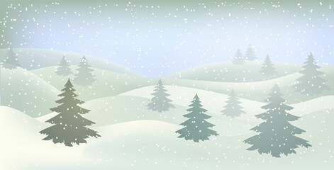 Fototapeta premium Winter landscape. Christmas card. Happy New Year card. A Christmas winter landscape with drifts of snow. 3D realistic snow background. Snow drifts isolated on hilly background. Christmas illustration