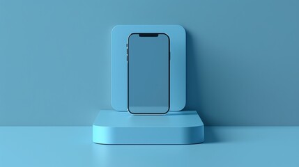 A black smartphone standing upright on a blue platform, all on a blue background.