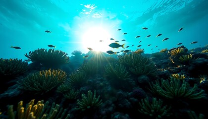 Obraz premium Underwater Coral Reef with Fish and Sunbeams,