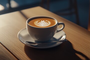 Obraz premium A beautifully crafted cappuccino served in a white cup on a wooden table, showcasing latte art and warm lighting.