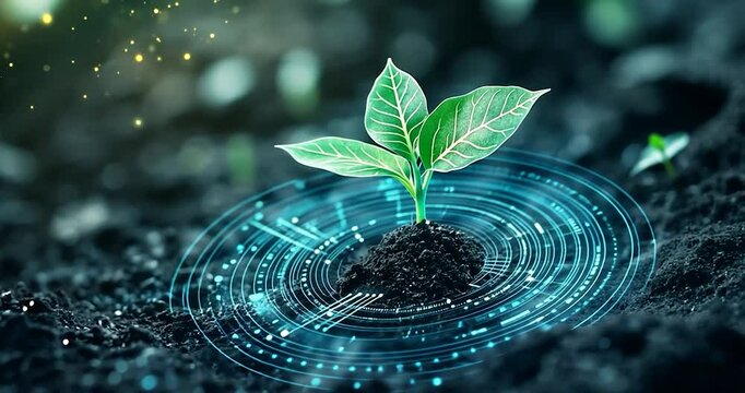 A young plant breaking through the soil in a high-tech setting, surrounded by glowing holographic circles and streams of data that change dynamically.