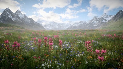 Fototapeta premium A vibrant meadow filled with colorful wildflowers and majestic mountains in the background.