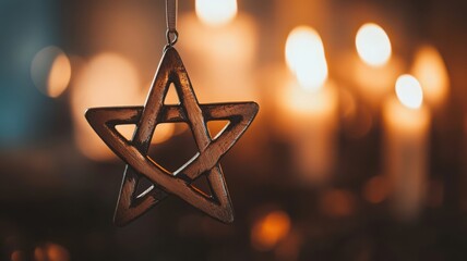 Sacred Star of David ornament crafted in wood and metal, softly lit with warm background for holiday atmosphere. Hanukkah
