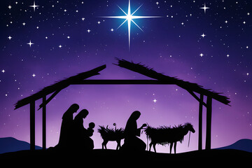 The nativity scene in silhouette with an intense violet and lavender background, Ai Generated