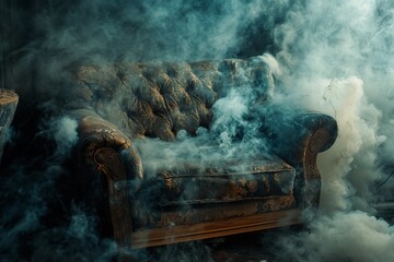 An antique velvet couch amidst swirling fog in a dimly lit room. Generative AI