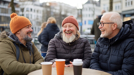 Tres hombres mayores sonrientes charlando al aire libre en un día frío con tazas de café sobre la mesa

