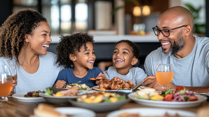 Familia afroamericana disfrutando de una comida juntos en una mesa, compartiendo y sonriendo

