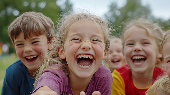  Grupo de ni&ntilde;os y ni&ntilde;as riendo juntos en el parque en un d&iacute;a soleado