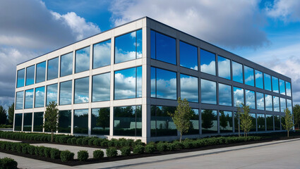 Obraz premium Glass building exterior reflecting vibrant blue sky and clouds