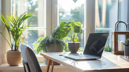 Fototapeta premium A laptop sits on a desk in a home office with plants and a large window.
