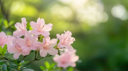 Fotobehang Delicate pink azalea flowers bloom under soft sunlight, enhancing the natural beauty of the garden as spring unfolds © tashechka
