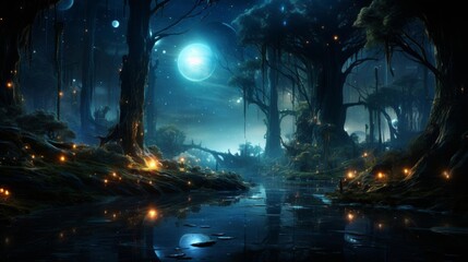 A forest at night with a full moon in the sky