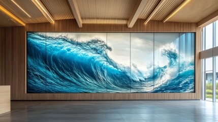Stunning interior featuring a large digital ocean wave display on a wooden wall design