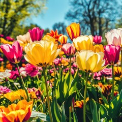 Obraz premium various types of colorful flowers with a bright blue sky during the day