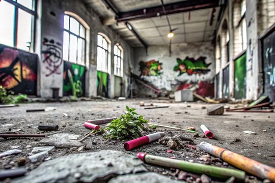 Urban Exploration of Abandoned Spaces with Chipstick Theme: Discovering Hidden Gems in Cityscapes and Nature's Overgrowth, Blending Urban Decay with Creative Elements