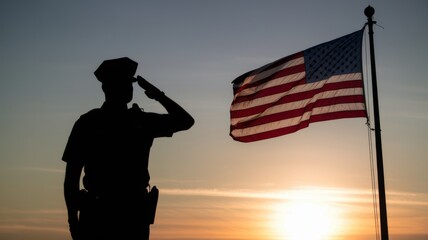 Silhouette of a Uniformed Officer Paying Respect to the National Flag