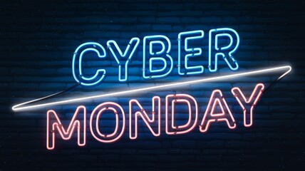 Obraz premium Neon Cyber Monday Sale Sign on Brick Wall Background