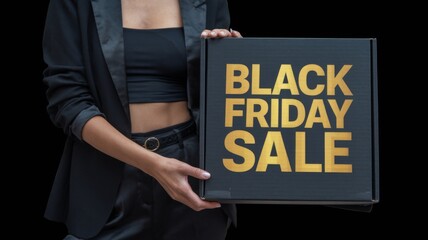 Woman Holding a Black Friday Sale Sign with Golden Text on a Black Background