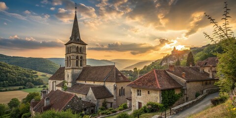 Serene Medieval Village Church with Towering Steeple Overlooking Charming Rooftops and Lush Countryside, Capturing the Essence of Historic Architecture and Tranquil Landscapes