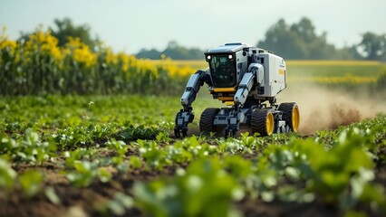 Green agriculture land with plants and automation of agricultural equipment for modern agriculture