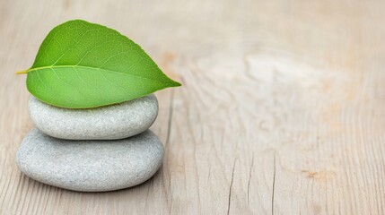 Fresh green leaf delicately placed on smooth stones against a wooden background, evoking peace and balance in a calm setting