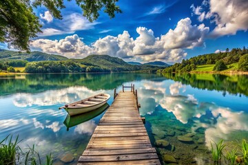 Obraz premium Serene Panoramic View of Casalagodec Lake Featuring a Wooden Pier and Boat Surrounded by Lush Nature in a Tranquil Landscape