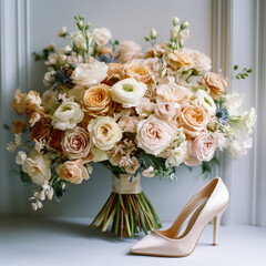 Elegant bridal bouquet with pastel roses and a cream high heel indoors
