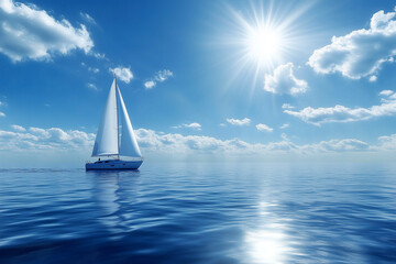 Obraz premium A sailboat glides across the sparkling blue waters on a sunny day. The white sails catch the wind, creating a sense of freedom and adventure.