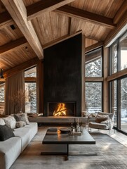 Modern Living Room with Fireplace and Snowy Winter View